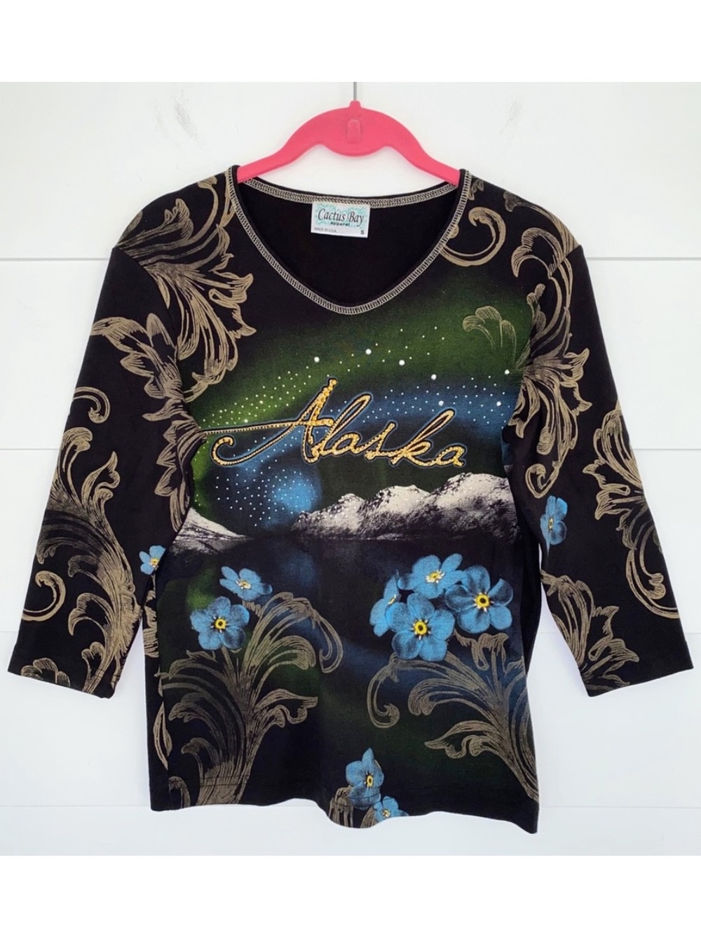 Vintage Cactus Bay Alaska State Flower Three Quarter Sleeve Top Small